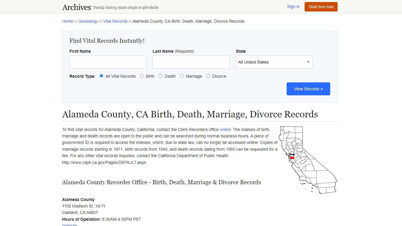 Alameda County, CA Birth, Death, Marriage, Divorce Records